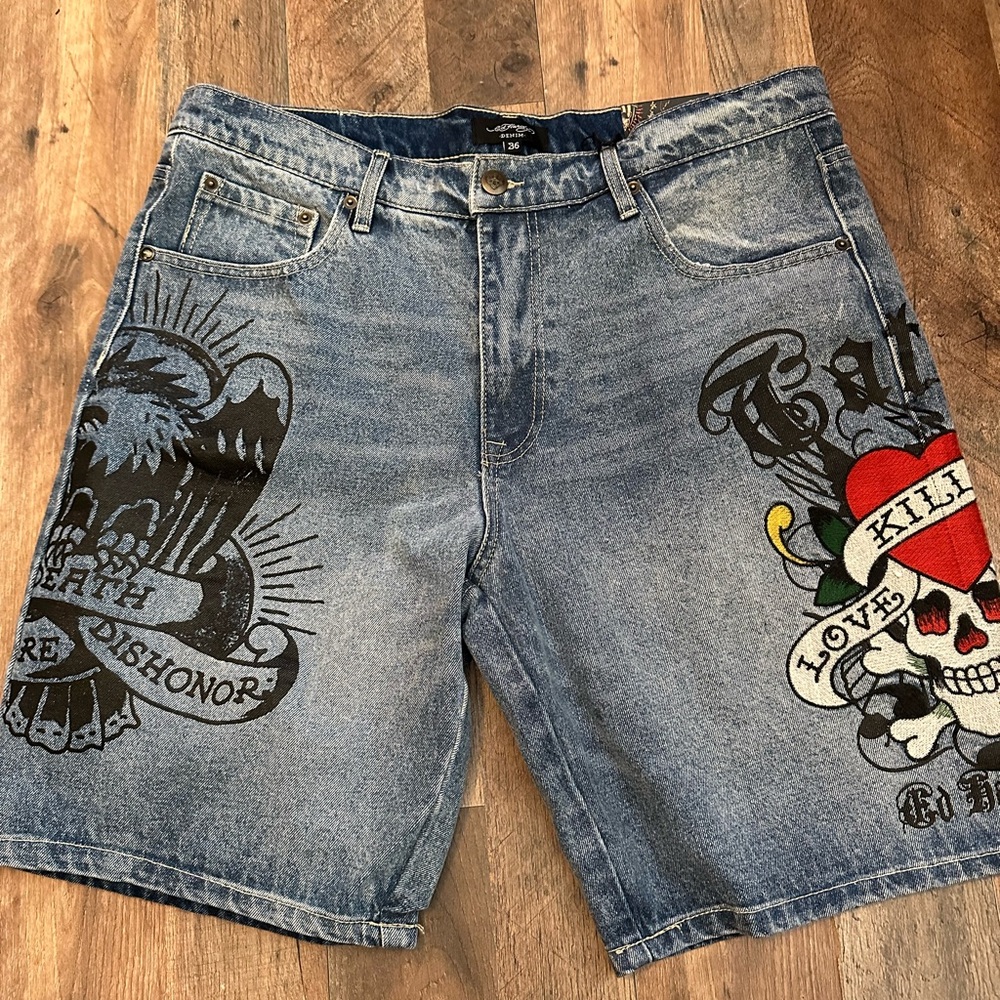 Ed Hardy Blue Graphic Jean Shorts